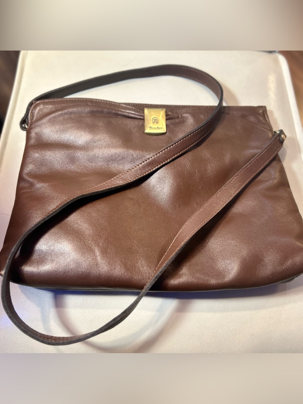 Etienne Aigner Chocolate Brown Leather Vintage Crossbody with Gold Logo Hardware